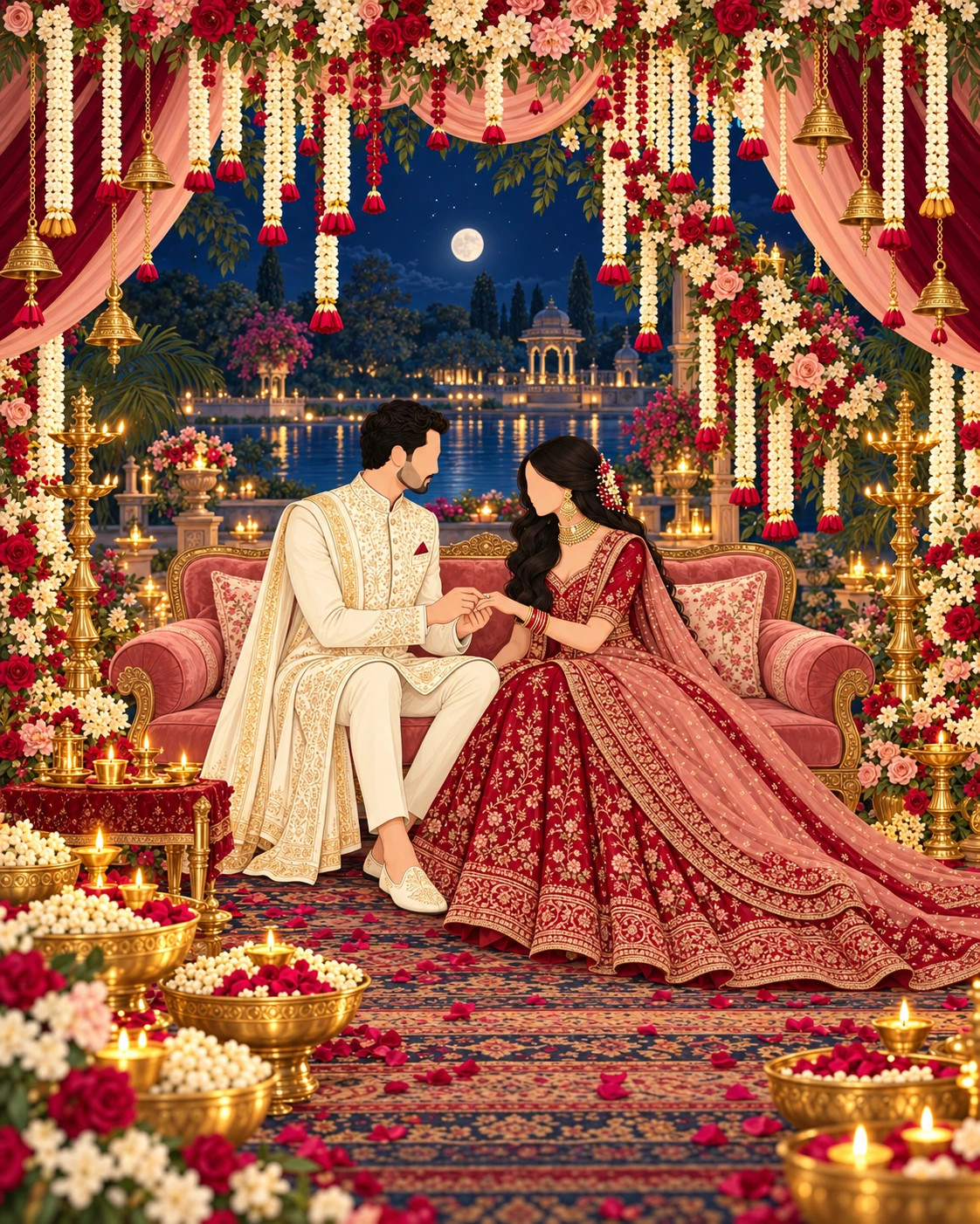 Illustration of a couple exchanging engagement rings beneath flowers and glowing lamps in a moonlit palace garden